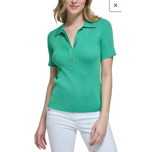 Karl Lagerfeld Paris Ribbed Knit Polo Top Short Sleeve Metallic Green L - Picture 3 of 11